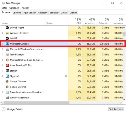 Outlook Suche funktioniert nicht: Outlook-Prozess im Windows 10 Taskmanager