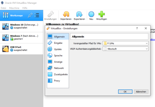 VirtualBox Allgemeine Einstellungen