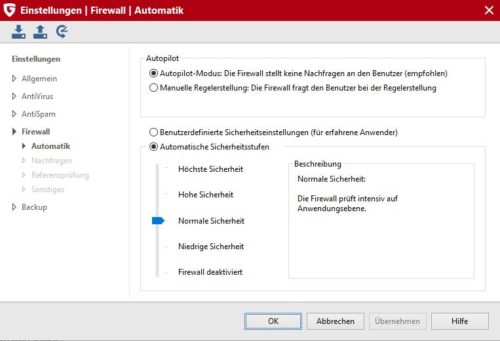 Firewall und Datenschutz Einstellungen von G DATA Internet Security