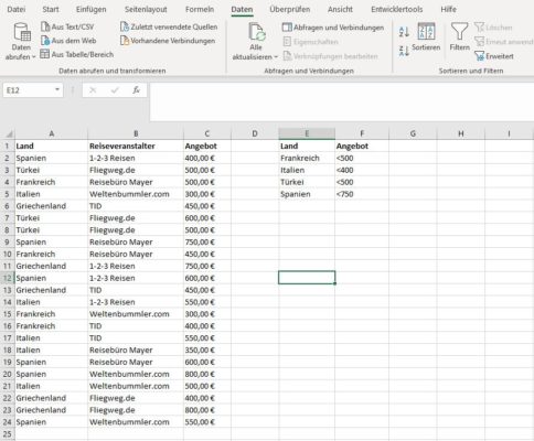 Excel Spezialfilter Beispieltabelle mit Platzhalter und Kriterienbereich