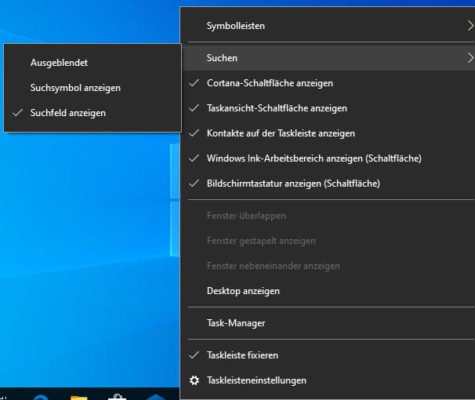 Kontextmenü der Taskleiste von Windows 10 um Elemente ein- und auszublenden
