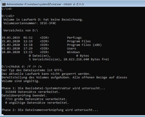 chkdsk sucht und behebt eventuelle Fehler