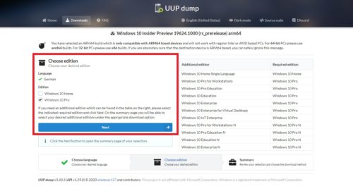 Sprache und Edition in UUP dump festlegen