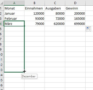 Excel vervollständigt auch Reihen wie Tage oder Monate