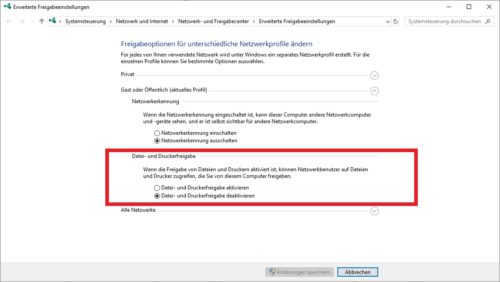 Datei- und Druckerfreigabe in der App für Erweiterte Freigabeeinstellungen einstellen
