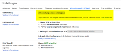 Automatische Weiterleitung für Mails direkt beim Mailprovider einrichten