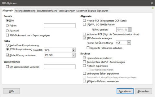 Optionen für den PDF-Export einer ODP-Datei