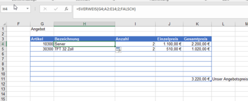 Beispiel von SVERWEIS in einer Tabelle