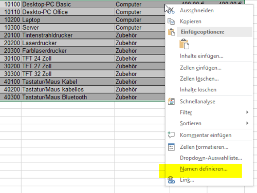 Benannter Bereich in Excel