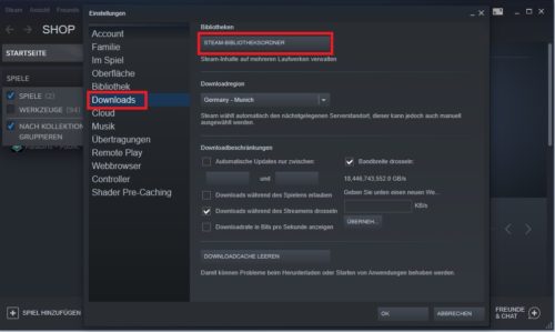 Steam-Spiele verschieben: Einstellungen im Steam-Client