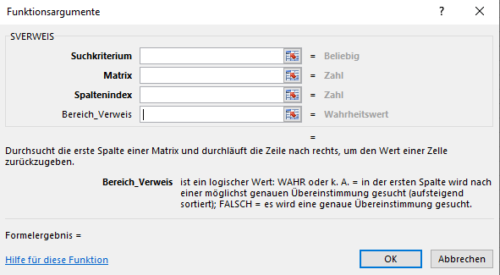 Syntax von Excel SVERWEIS