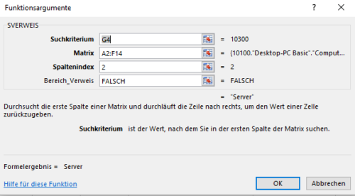 Syntax von Excel SVERWEIS für die Übung