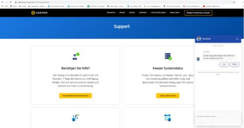 Die Support-Seite von Keeper Security