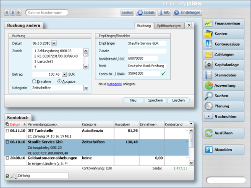 Screenshot der Moneyplex Online Banking Software