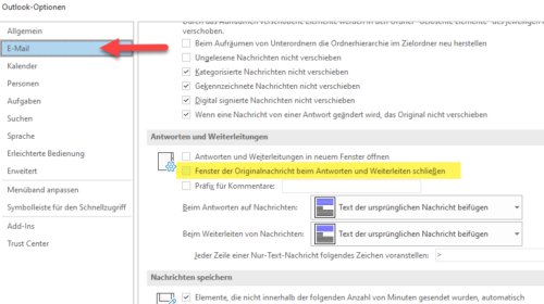 Fenster von Mails in Outlook beim Antworten oder Weitenleiten automatisch schließen.