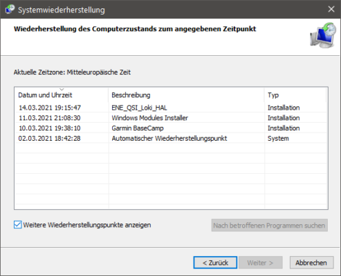 Weitere Wiederherstellungspunkte anzeigen