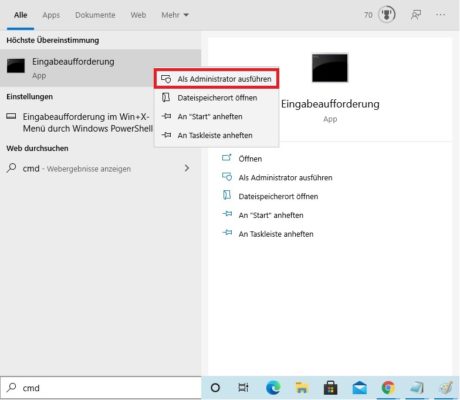 Eingabeaufforderung in Windows 10 als Administrator starten