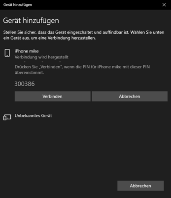 bluetooth windows 10 mit Abfrage Gerätepasswort