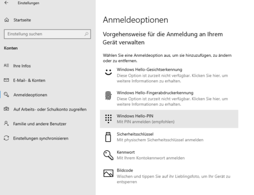 Einrichtung der Anmeldung mittels PIN in Windows 10