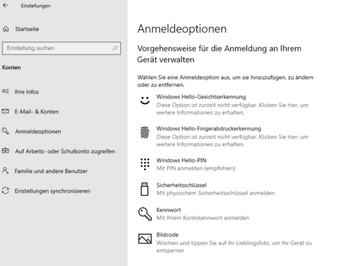 Windows 10 PIN und andere Anmeldeoptionen mit Windows Hello