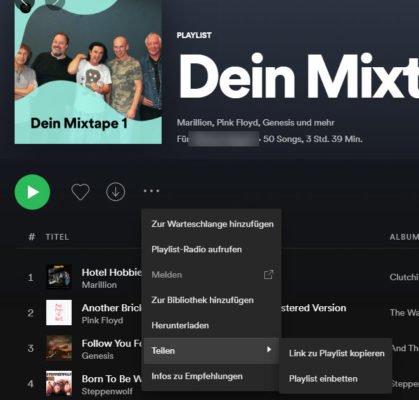 Playlist oder Alben Link kopieren