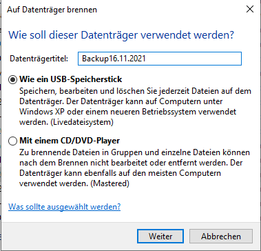 Windows 10 brennen auswahl des Formats