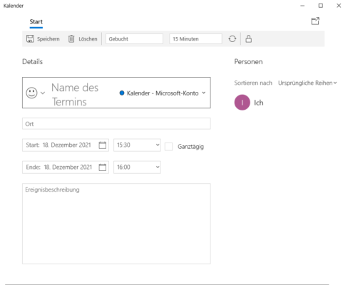 Windows App Kalender neuer Termin