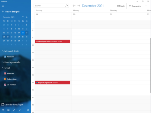 Windows Kalender mit Outlook.com Konto verbunden