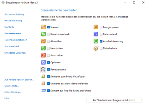 Einstellungen für Start Menu x