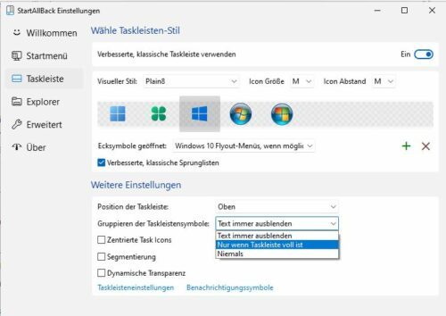Einstellungen für Taskleiste in StartAllBack