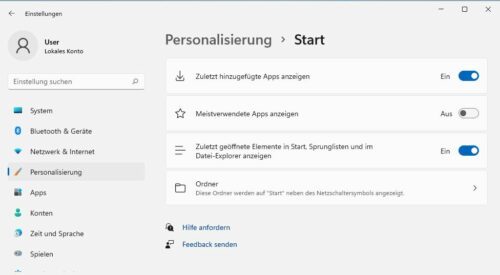 Personalisierung des Startmenüs von Windows 11