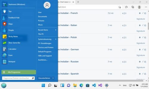 Open-Shell-Menu blendet sich als alternatives Startmenü für Windows 11 immer linksseitig ein.