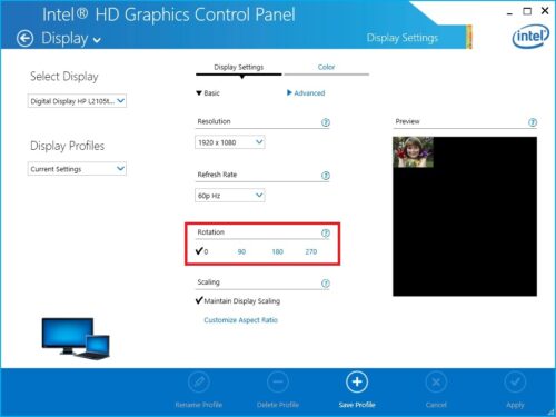 Intel HD Graphics bietet auch eine Rotation des Bildes