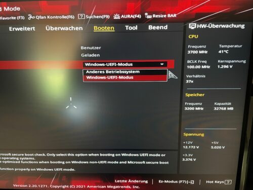 UEFI mit Auswahl Sicherer Boot oder Legacy als anderes Betriebssystem