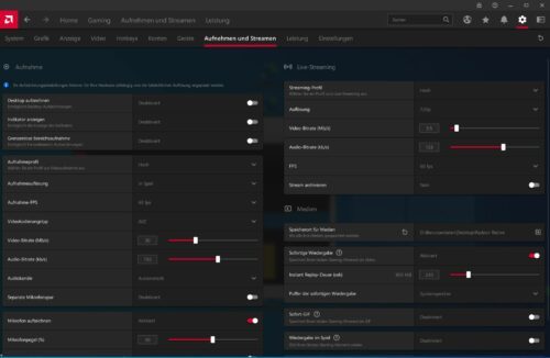 Einstellungen für Aufnahme und Streaming