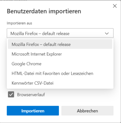 Für den Export nach Edge unterstützte Browser