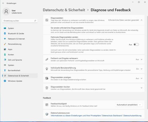 In den Windows 11 Einstellungen sollten Sie das Senden optionaler Diagnosedaten abschalten