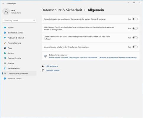 Windows 11 Einstellungen Datenschutz Allgemein