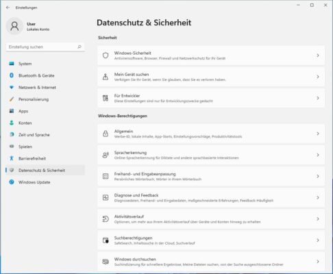 Windows 11 Einstellungen zum Datenschutz und Sicherheit