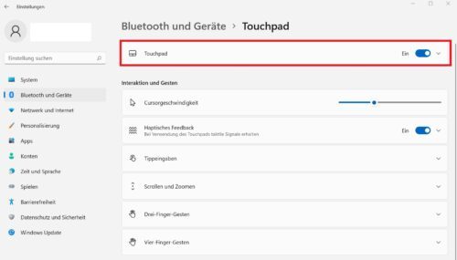 Touchpad in den Einstellungen aktivieren