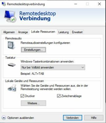 Einstellungen für ein Remoteverbindung