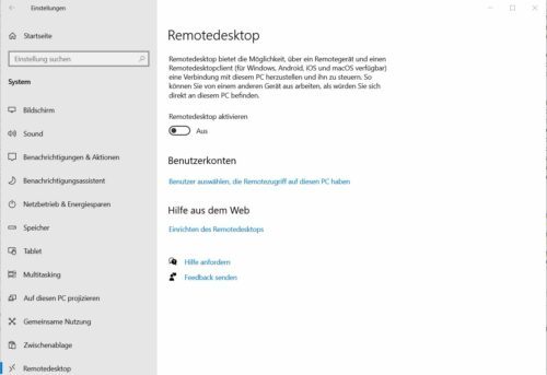 Windows Remote Desktop muss erst aktiviert werden.