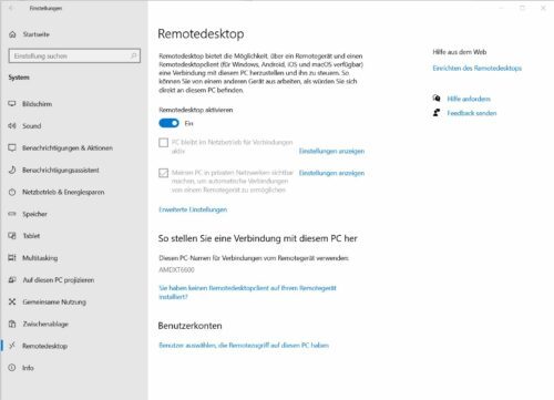 Remotedesktop aktiviert