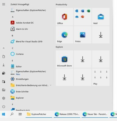 Startmenü in Windows 11 mit ExplorerPatcher wieder im Stile von Windows 10
