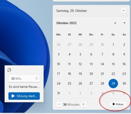 Fokus-Sitzung in Windows 11 22H2