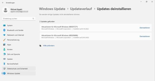 Updateverlauf und die Möglichkeit Updates zu deinstallieren