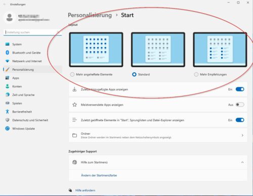 Verschiedene Layouts im Startmenü von Windows 11 22H2