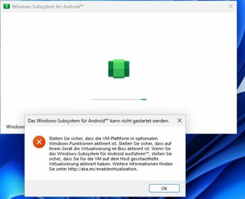 Fehlermeldung beim Einrichten des Windows Subsystem für Android