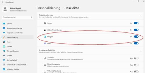 Widgets können Sie in der Taskleiste ausblenden