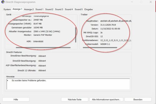 DirectX-Diagnoseprogramm dxdiag kann in Windows Grafikkarte anzeigen